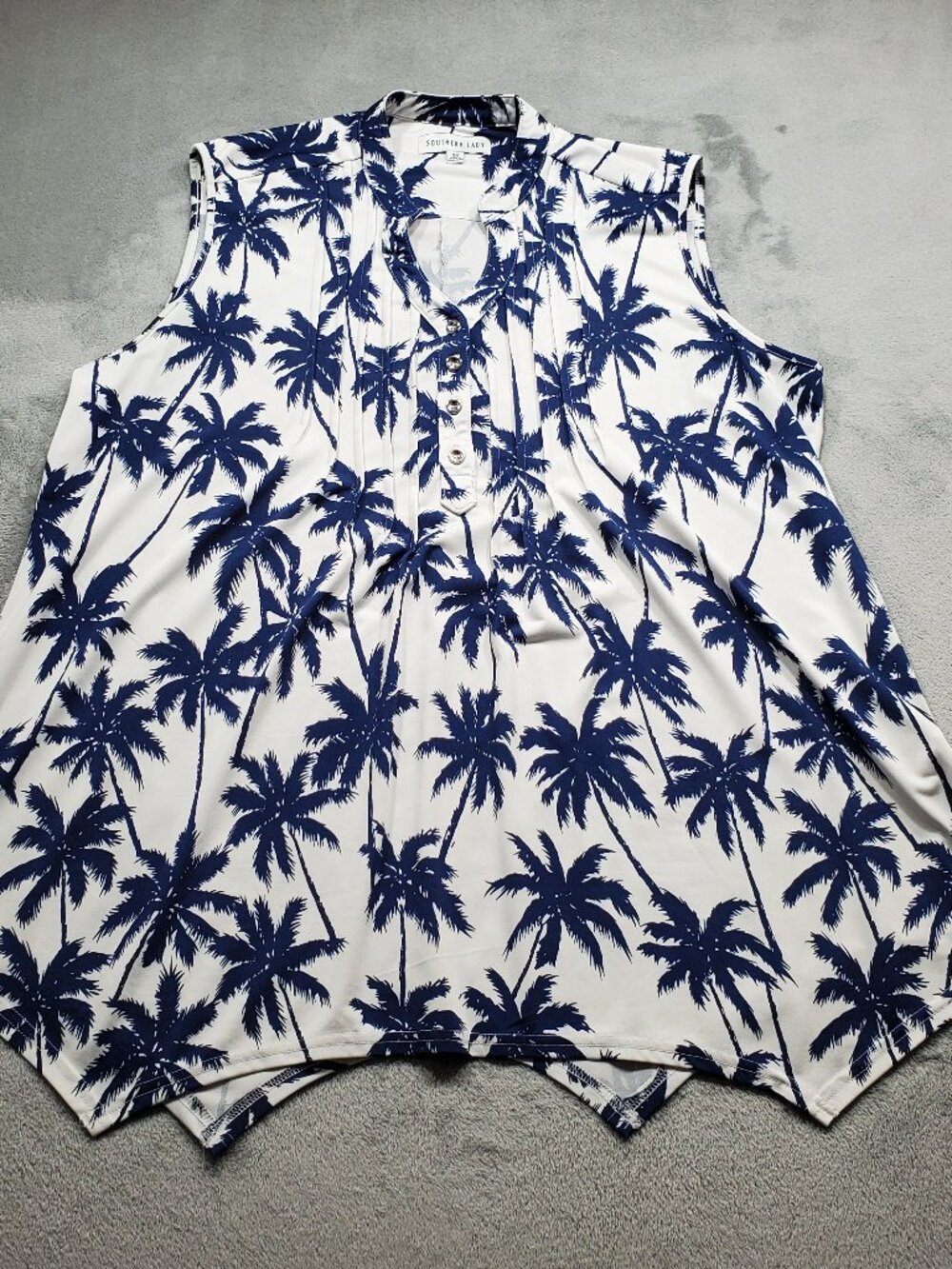 Southern Lady Sleeveless Topical Palm Tree Blouse Navy White Wm Sz 2X